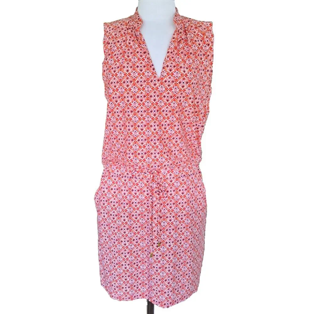 Helen Jon Sanibel Beach Mini Dress Size Large Coral Orange Navy V-neck Pockets - Picture 2 of 13